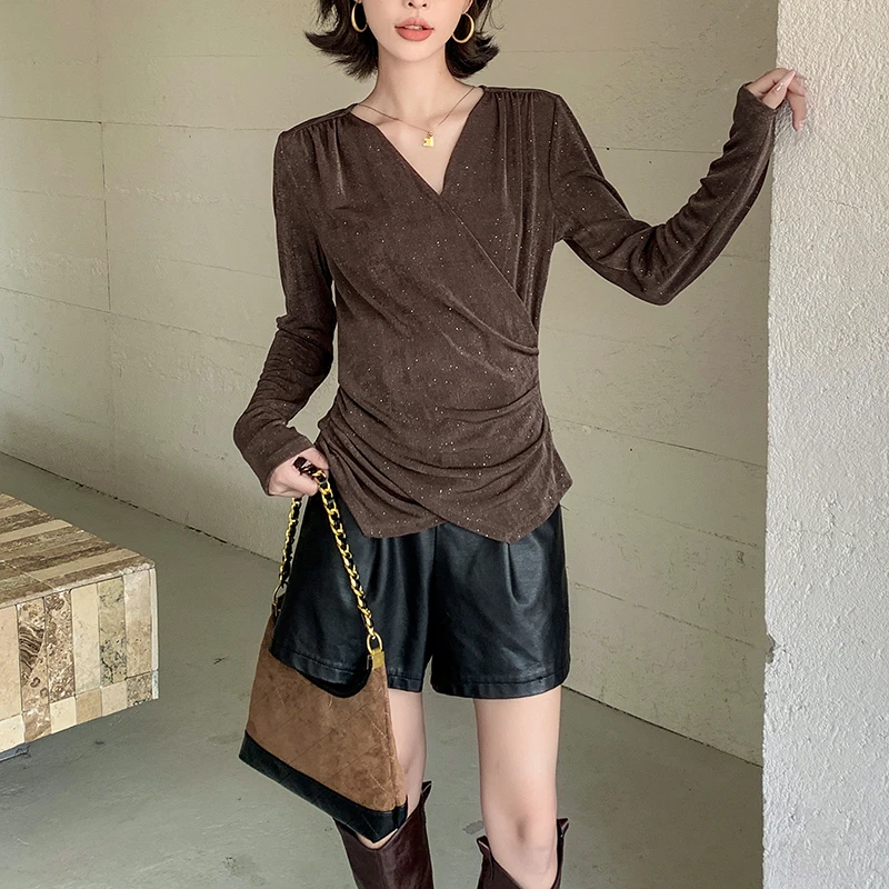 高级设计感交叉V领网纱长袖T恤打底衫女504-89850