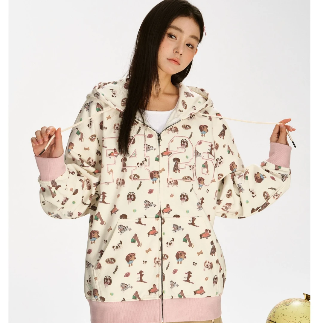F426趣味满印小狗连帽开衫卫衣 6484