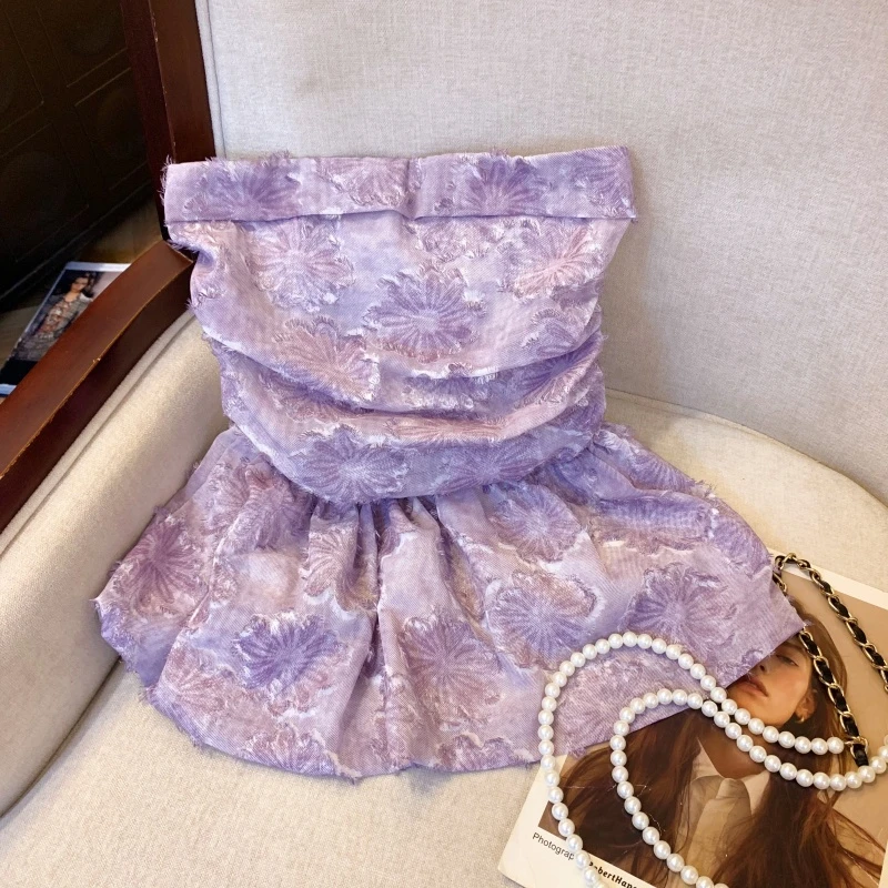 实拍法式辣妹风重工提花抹胸背心女2025夏季新款无袖紫色上衣