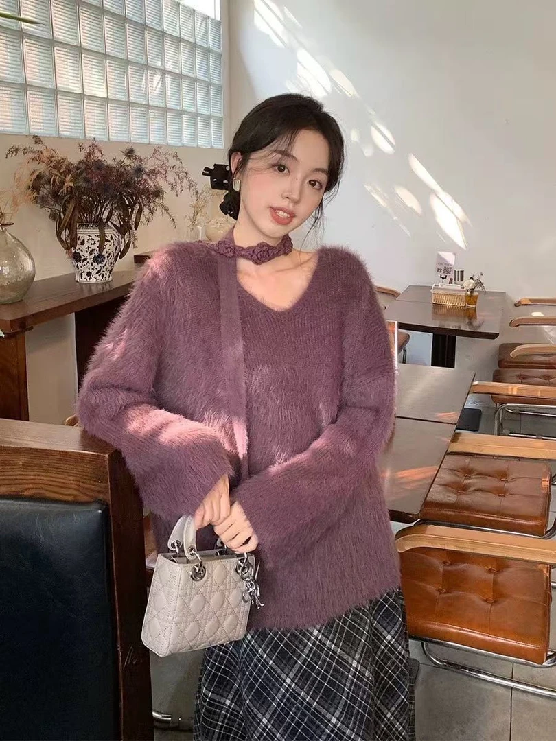 MAMIE【温婉】冬季气质小众水貂毛针织衫女软糯宽松慵懒飘带上衣