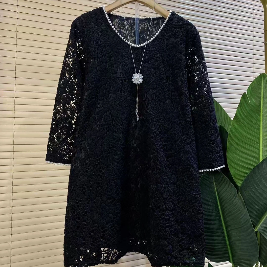 M胖mm欧货时尚新款重工镂空蕾丝设计款气质宽松遮肉大衫