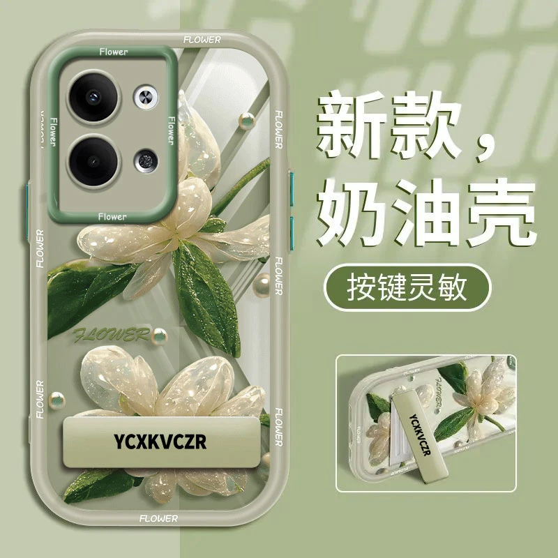适用于OPPO Reno9Pro+手机壳绿叶仿真花实色奶油壳硅胶全包防摔女