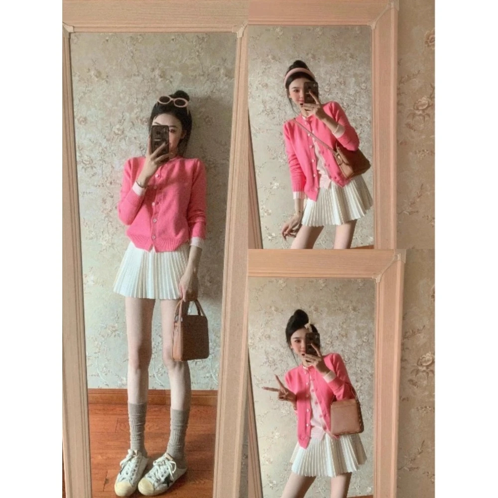 2025春季新款女装韩系慵懒风粉色针织假两件宽松显瘦撞色拼接开衫