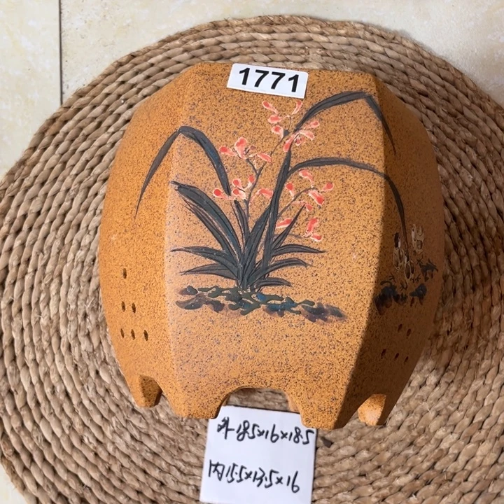 紫砂花盆  柴烧特惠兰草彩绘宫灯六方1771