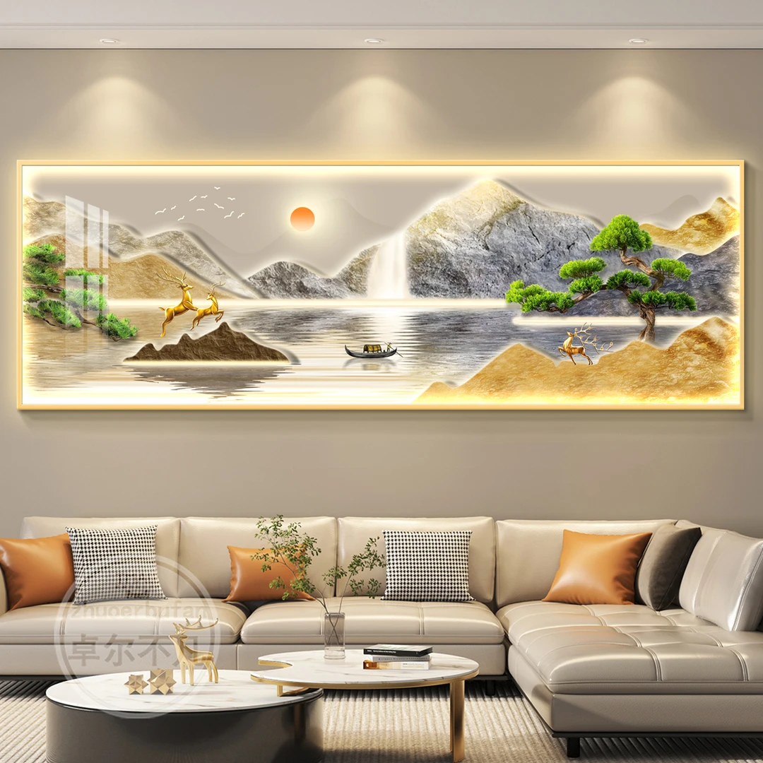 背靠金山led灯轻奢客厅装饰画沙发背景墙挂画壁画简约现代高级感