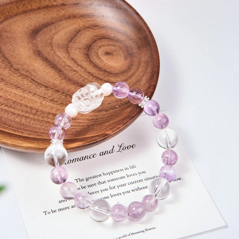 听涧·天然紫白水晶貔貅手串招财手链开运珠宝礼物