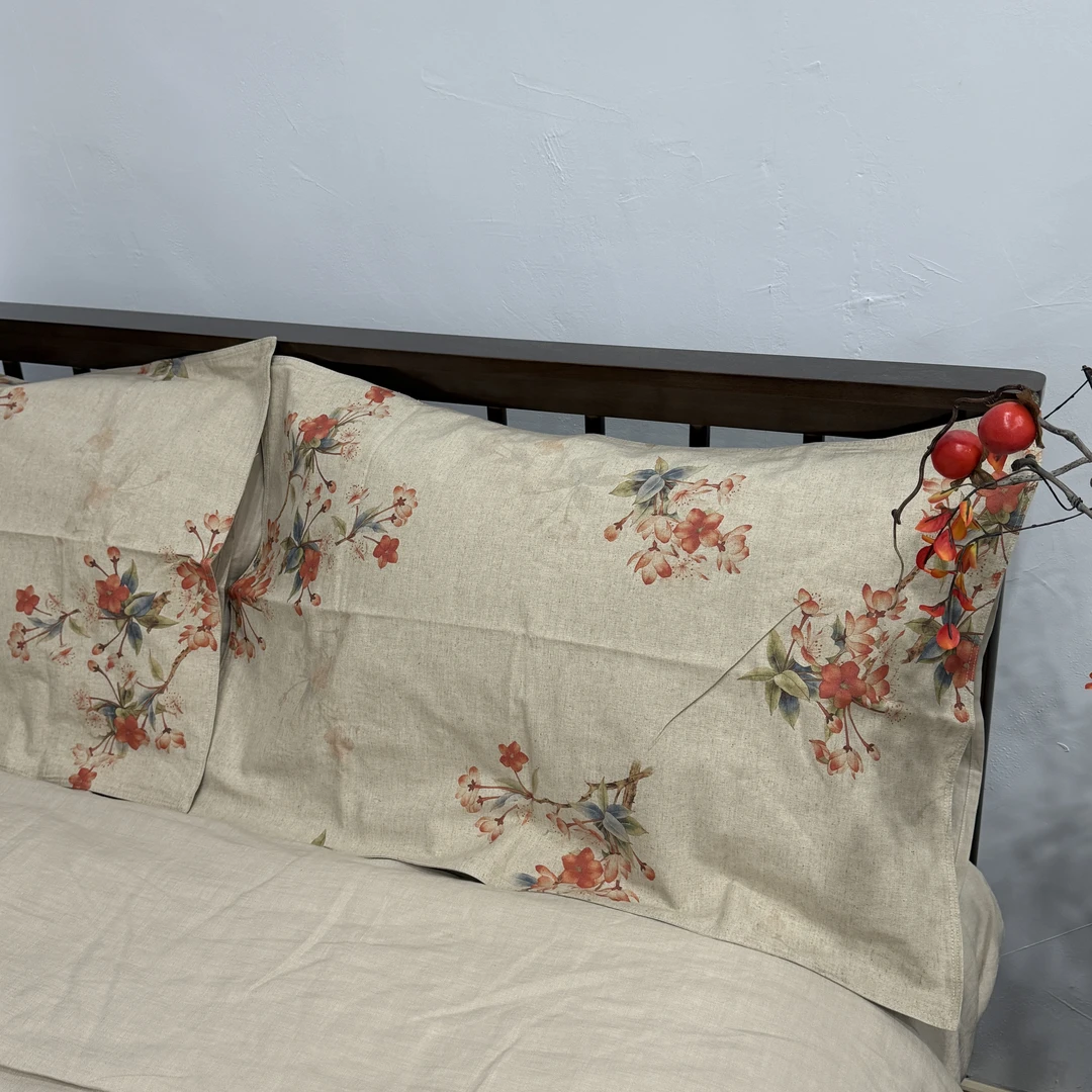 【麻代先生】罗布麻海棠花印花枕套一对