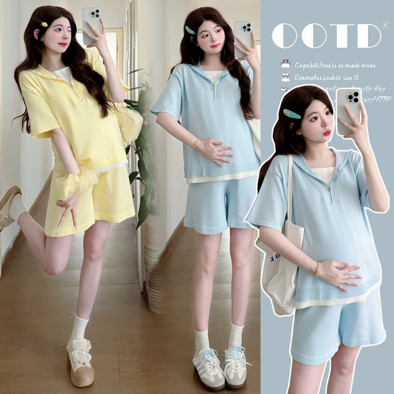 R860#5.24 2025夏孕妇针织冰丝休闲运动套装假两件阔腿短