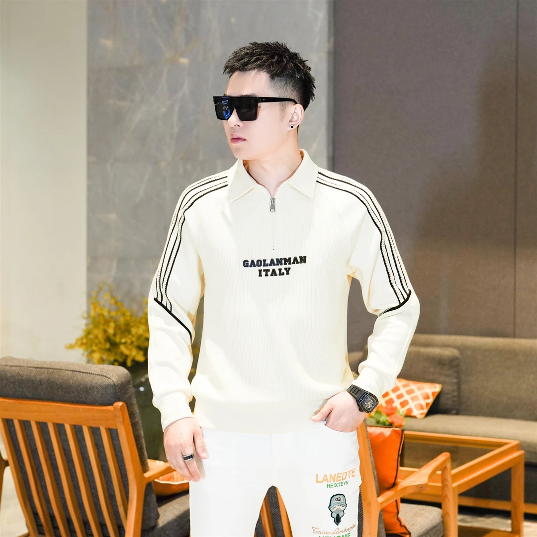 男士秋冬新款高端重磅翻领半拉链米白色撞色明线长袖卫衣男GL8053