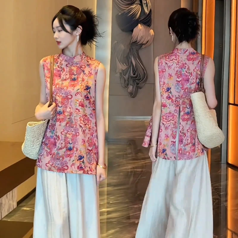 【有运费险】时尚新中式印花立领设计感衬衫女2025夏季中长款上衣