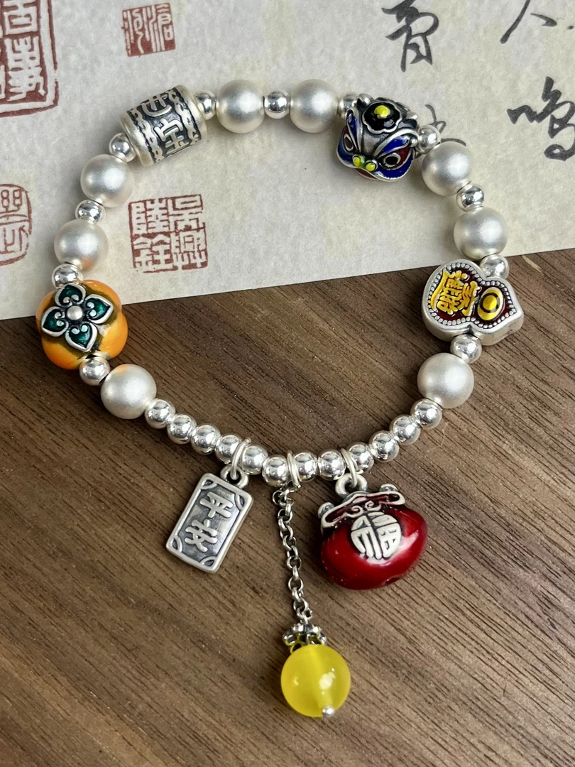 足银手链 足银999纯银手链国潮珐琅彩八方来财招福进宝小众时尚