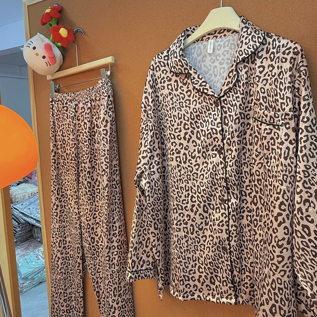 法式杏色豹纹长袖长裤冰雪丝250斤睡衣女套装舒适