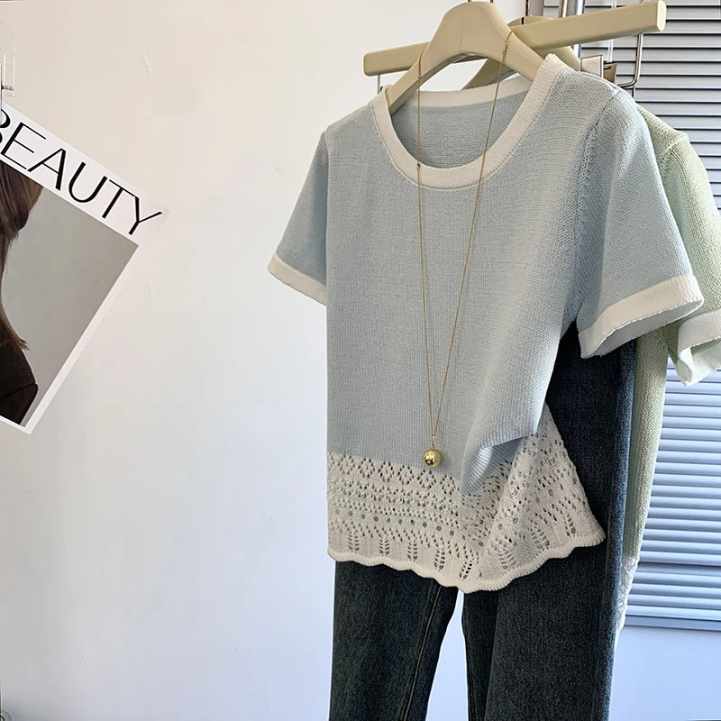 法式钩花镂空短袖T恤女夏季冰丝轻薄圆领撞色上衣设计感针织外穿