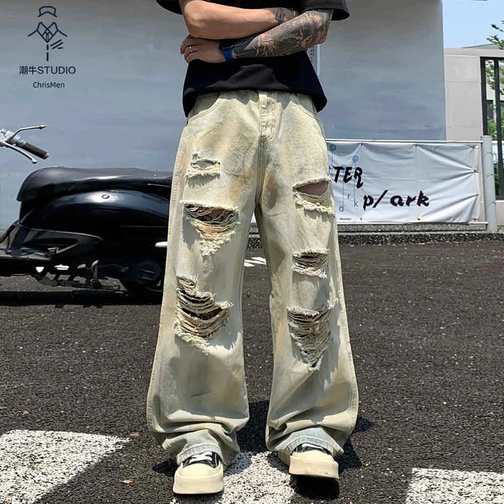 2025新款美式复古破洞牛仔裤男潮牌废土风水洗做旧脏脏裤阔腿拖地