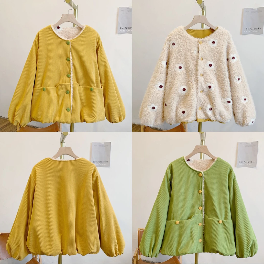 爆柠C5516两面穿灯芯绒植绒花朵毛绒拼接圆领外套