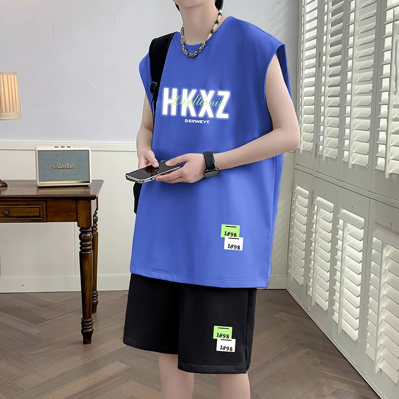 夏季冰感无袖t恤男士宽松休闲篮球套装坎肩背心速干短裤运动男装