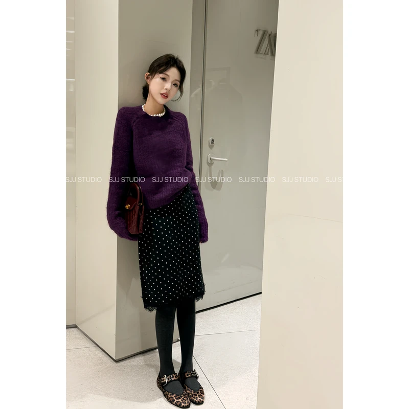 【娇娇私服订制】秋冬新款高腰时尚A字波点毛呢半身裙31384#