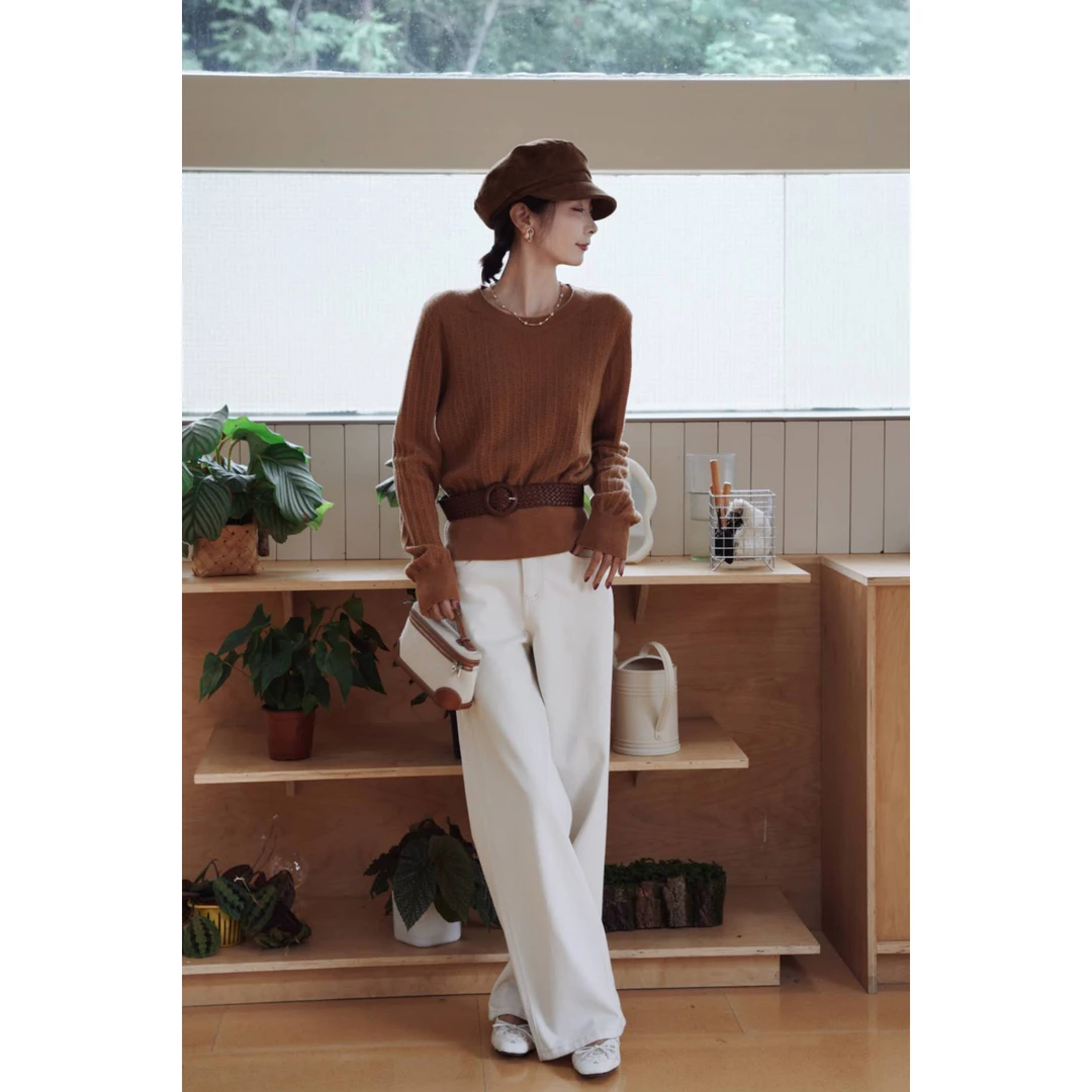 CHENSMCHEN 绵羊毛圆领长袖针织衫女简约宽松显瘦上衣CSZ8631YW