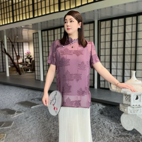 【紫韵】夏季新款重工手剪花百搭气质显瘦大码新中式两件套上衣A87