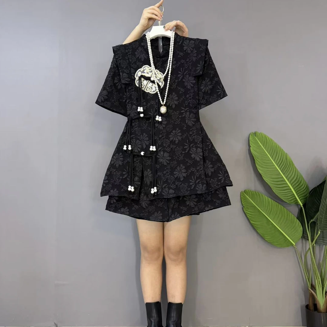 新款大码女装时尚洋气复古盘扣新中式短裤套装