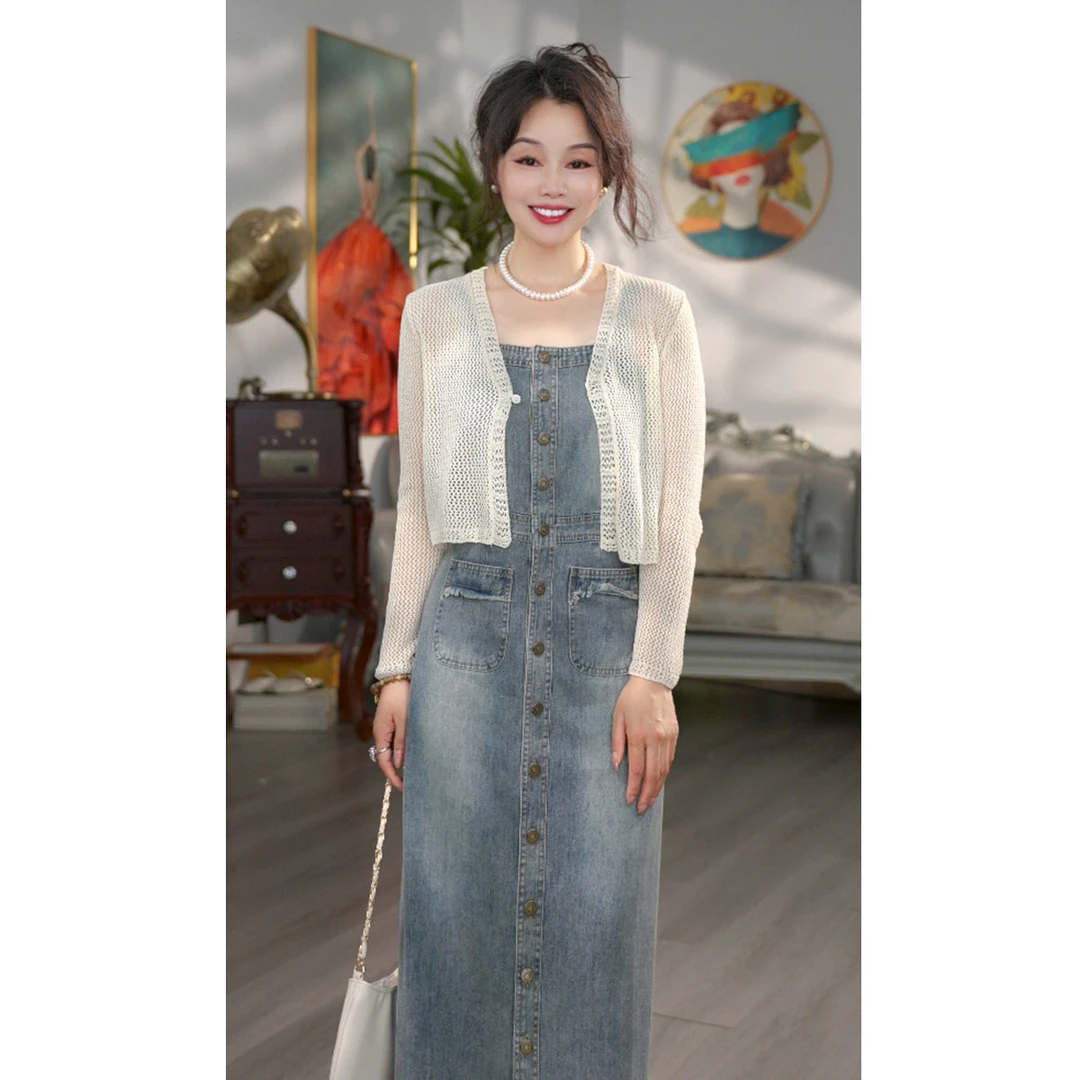 无印心匠D80177 牛仔吊带连衣裙外搭针织开衫披肩小个子夏季K268
