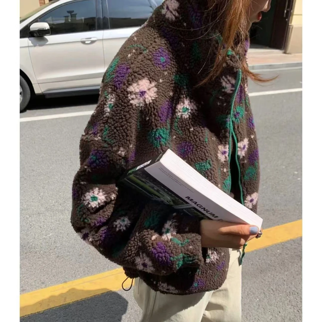 东大门【花朵拉链外套】韩系立领花朵宽松休闲长袖摇粒绒保暖外套