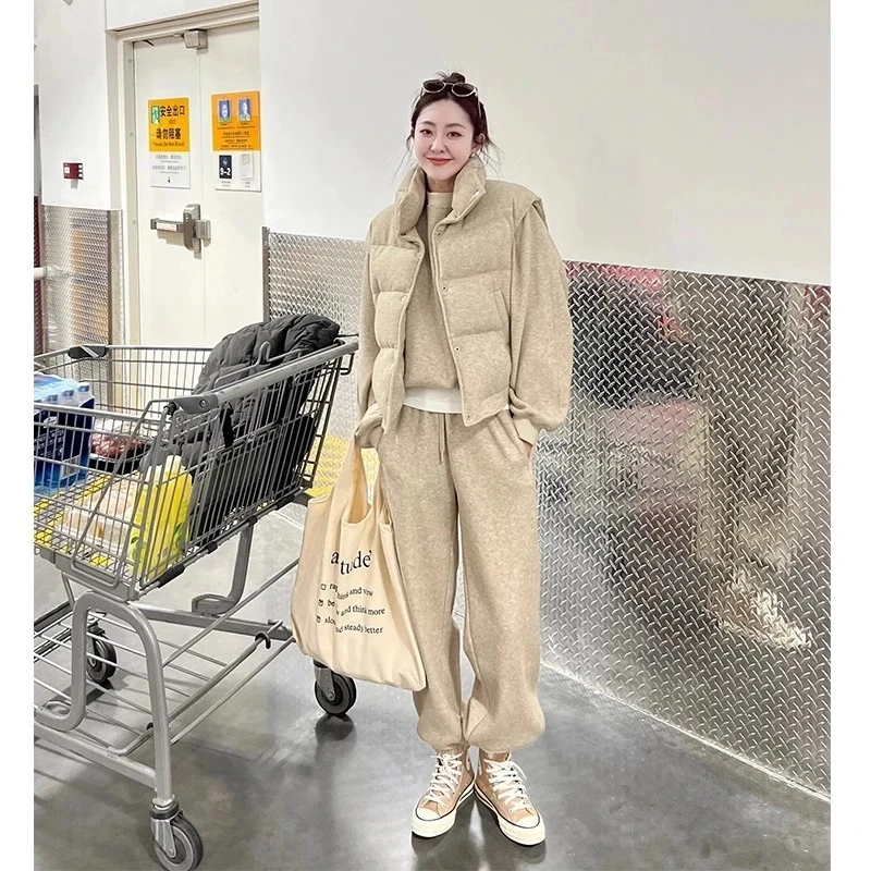 秋冬时尚休闲运动套装女2024简约马甲外套加绒卫衣束脚长裤三件套