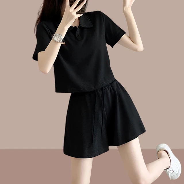 夏装搭配一整套运动套装2025新款小个子休闲时尚洋气短袖短裤黑色