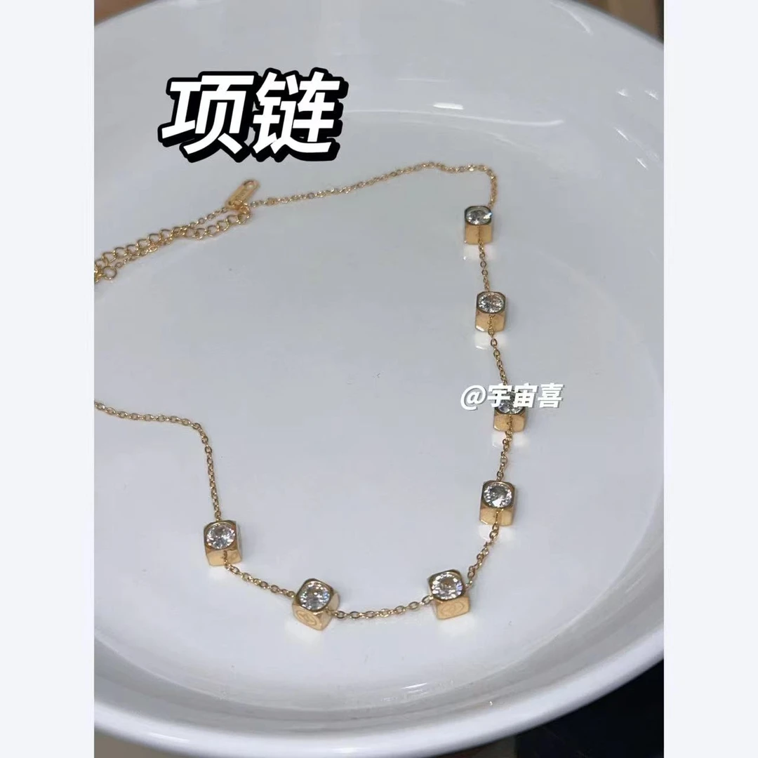 钛钢项链  G4-007钛钢筛子方块金色花子项链【金色】