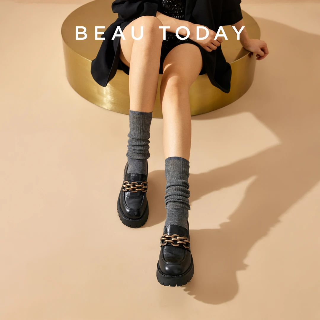 BeauToday黑金链条厚底小皮鞋女BT2025新款英伦风乐福鞋复古单鞋