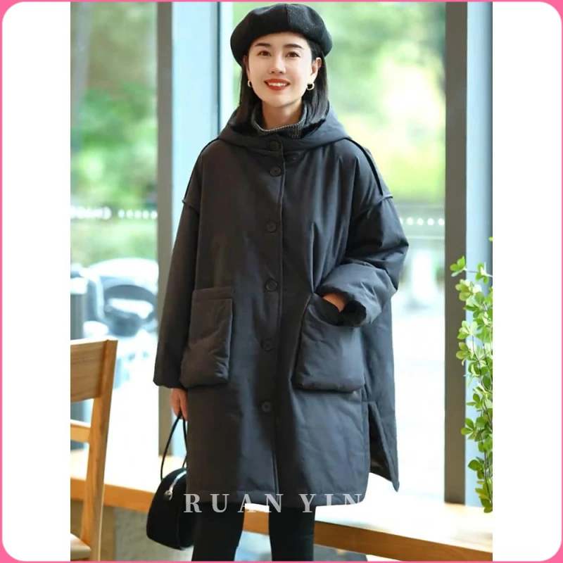 RUAN YIN覆古休闲宽松中长款服女冬季加厚保暖棉袄夹棉棉衣黑色