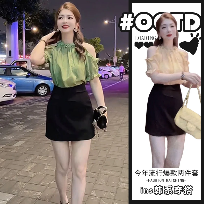 法式气质甜美挂脖露肩雪纺衬衫女夏季2025设计感遮肚显瘦套装