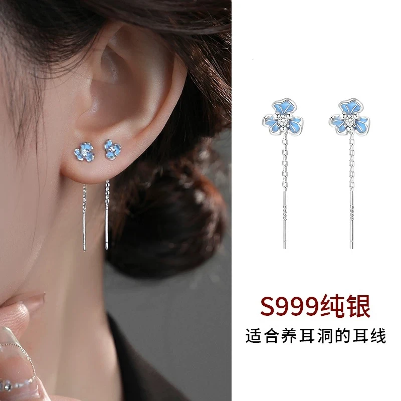 925银耳饰 新款蓝色鸢尾花耳线轻奢高级百搭耳环气质可爱简约小巧