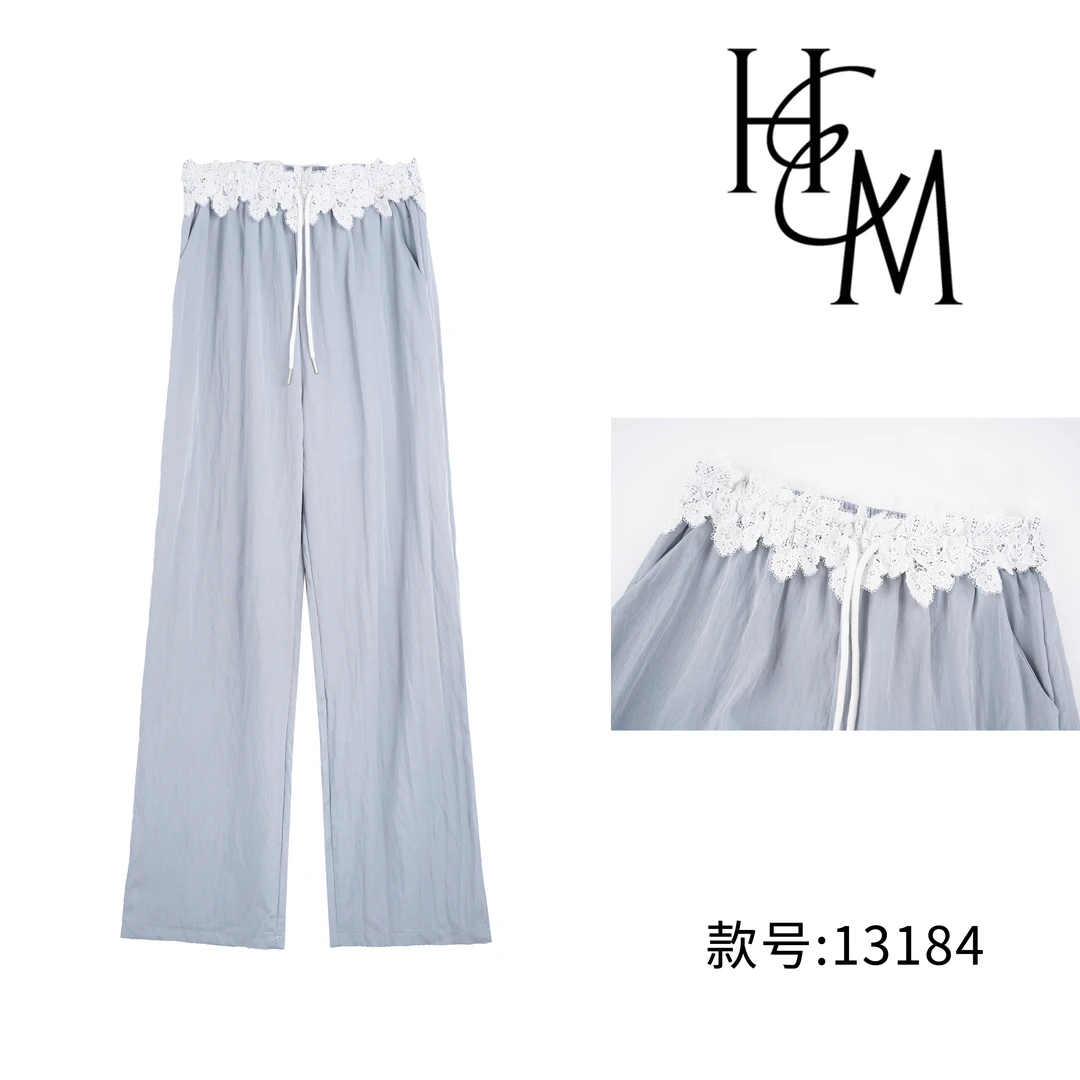 HUIERMAN/慧尔曼时尚设计师款高腰蕾丝拼接显瘦阔腿裤【13184】