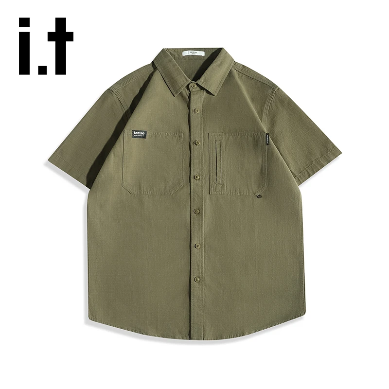 it izzue夏季美式复古短袖衬衫男士潮流宽松休闲纯棉翻领半袖衬衣