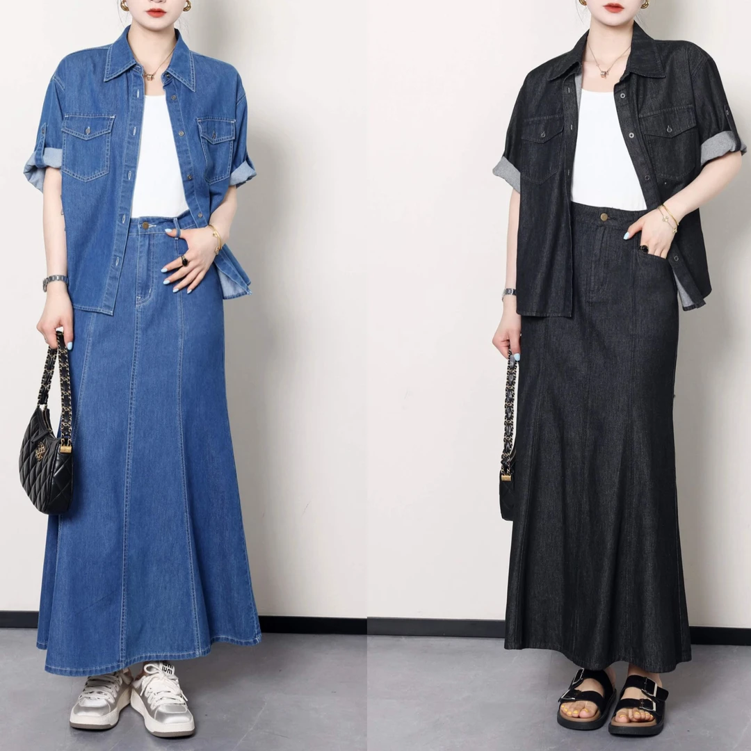 QC宣宣--【港岛情歌】微胖大码女夏季牛仔衬衫+半裙套装ZY402H58/59