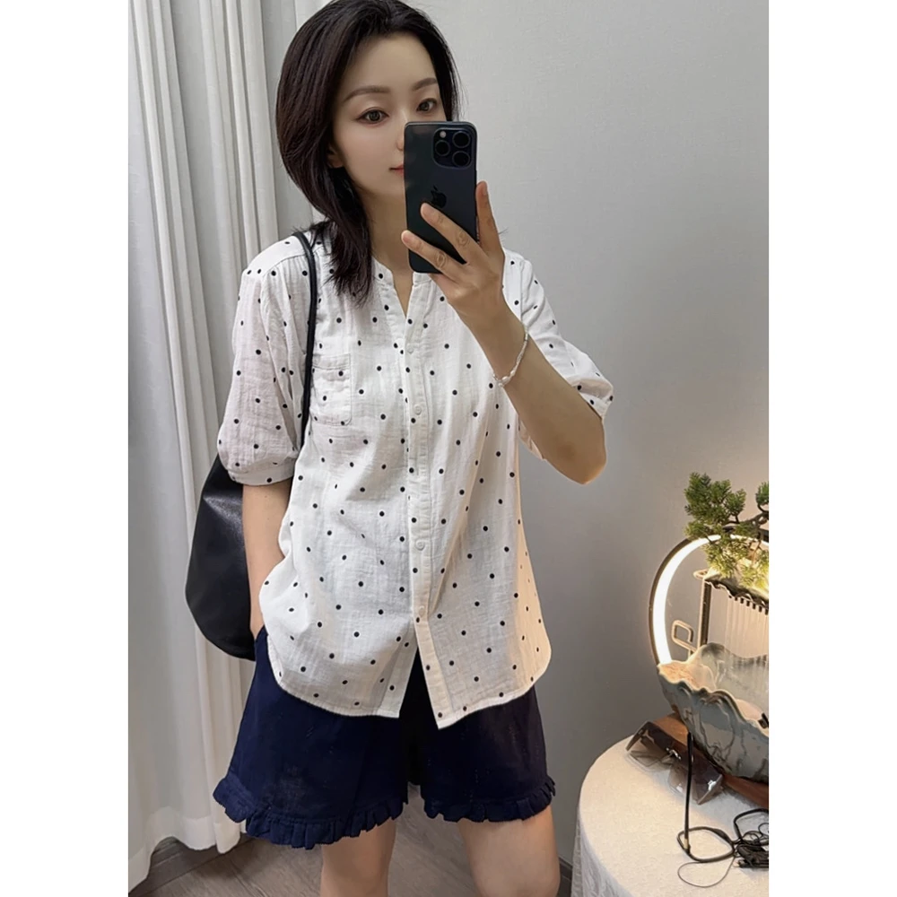 纯棉波点衬衫女中袖双层纱V领亲肤透气夏季新款薄款上衣宽松休闲