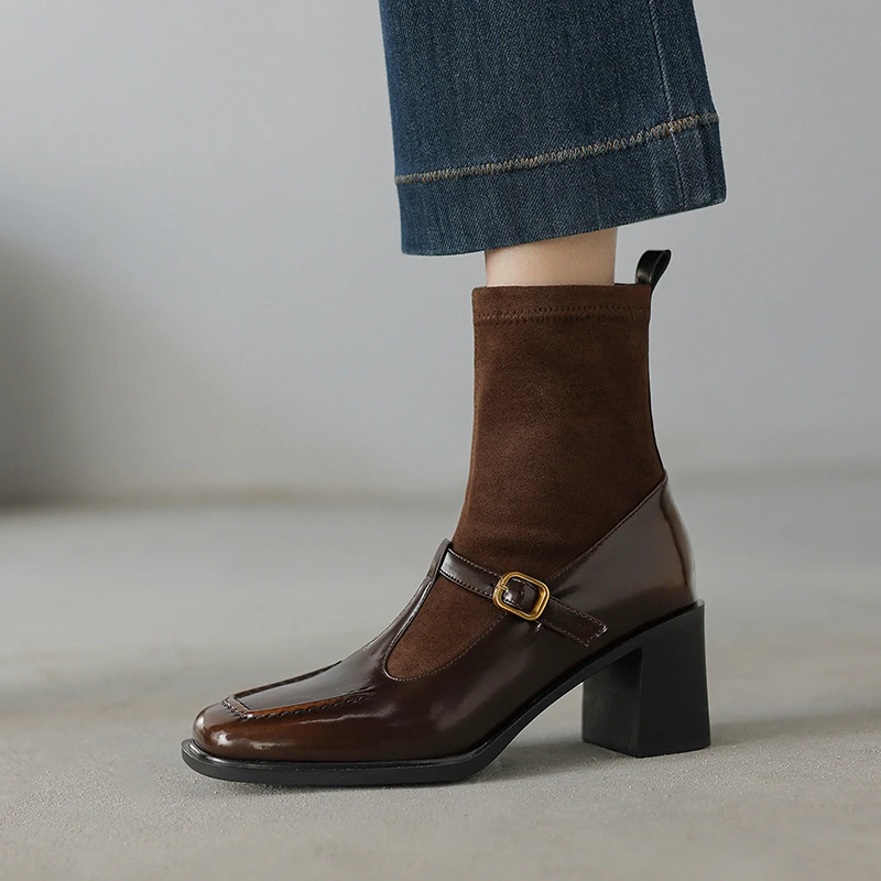 6.5cm英伦真皮瘦瘦靴女2025秋冬新款方头粗跟高跟复古弹力靴袜靴