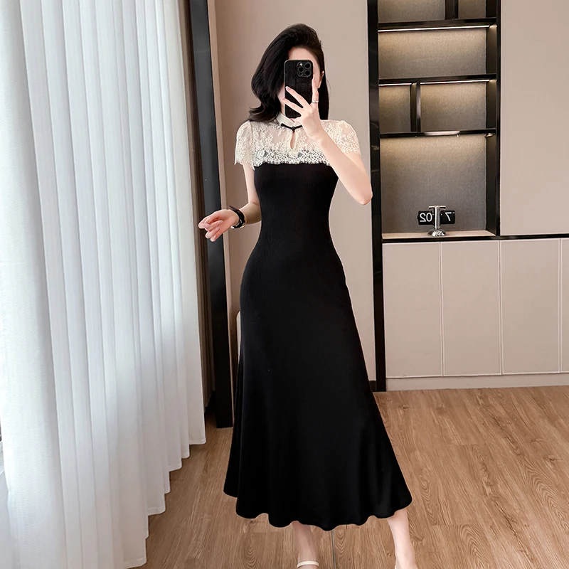 实拍 锦绣河山新中式蕾丝连衣裙针织收腰拼接长裙女 显瘦气质性感