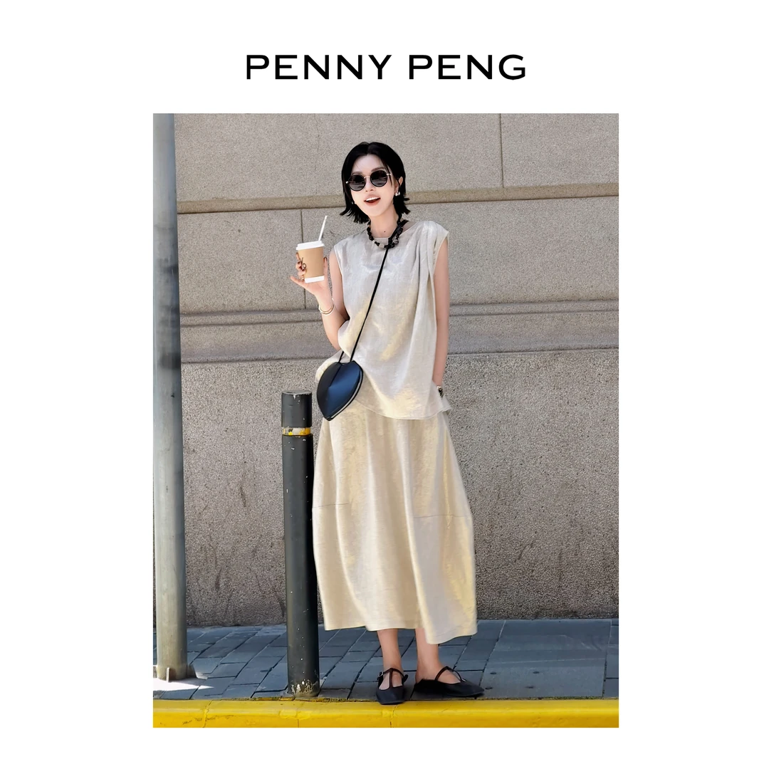 PENNYPENG 蝉鸣山海 设计感亚麻烫金上衣松紧腰夏100亚麻半裙套装