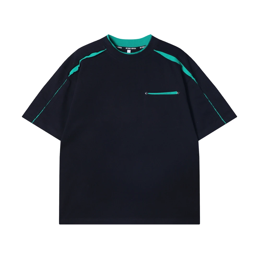 夏季高级感新款个性撞色裁剪简约圆领短袖T恤休闲情侣宽松上衣