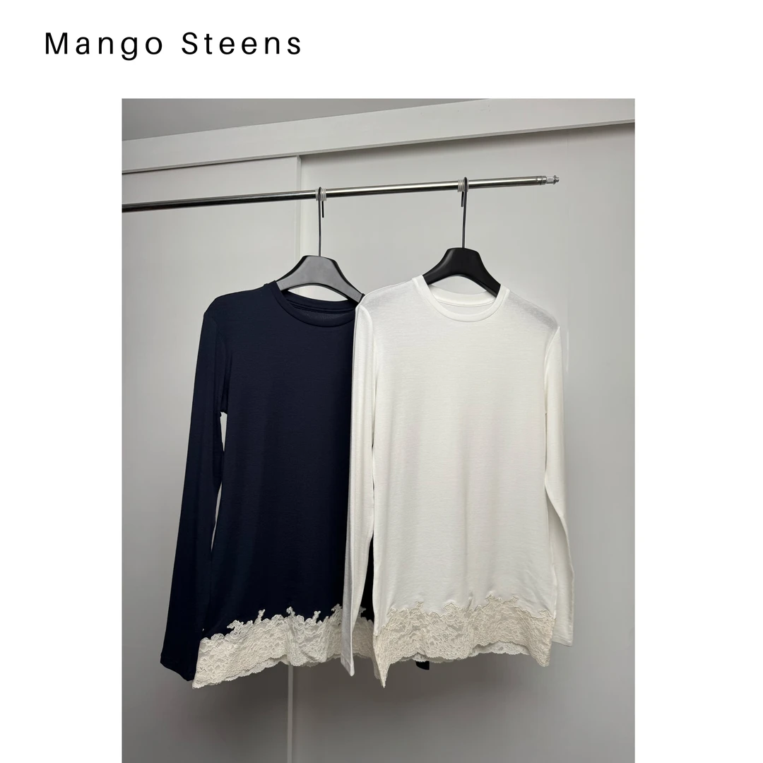 MANGO steen‘s丨天丝羊毛蕾丝拼接法式极简打底上衣I7781