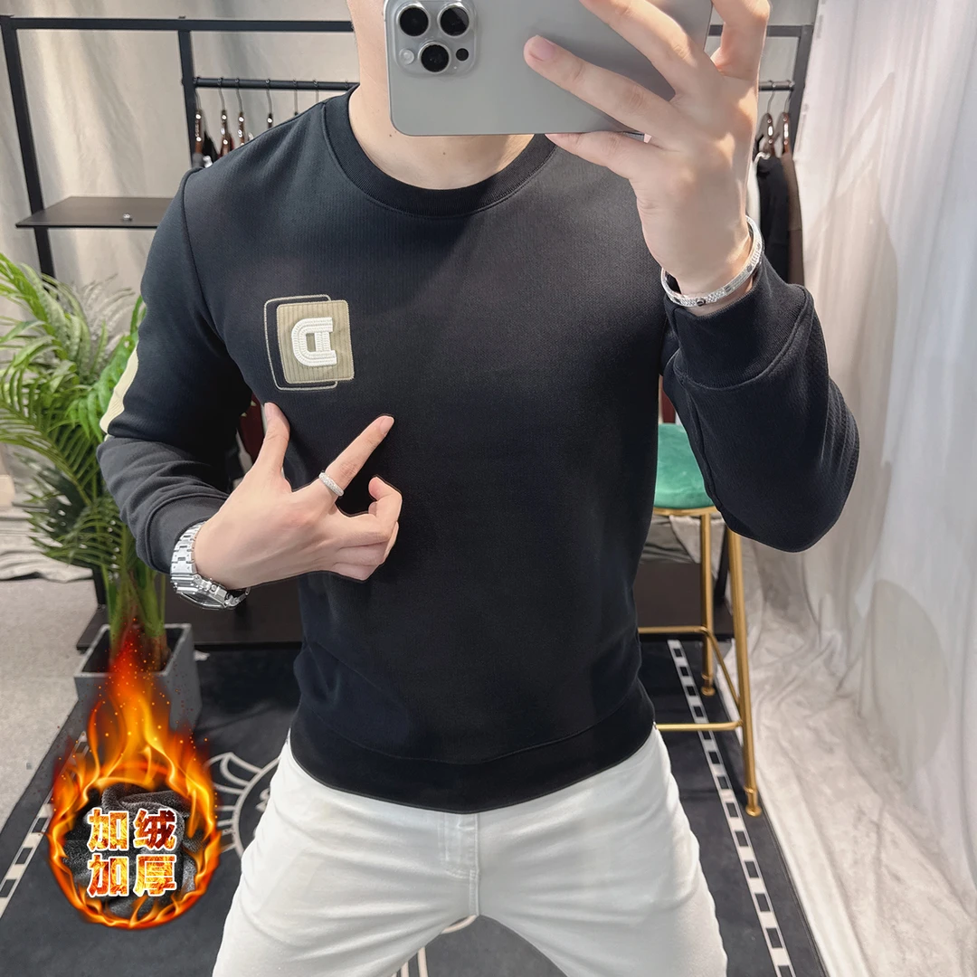 欧洲站男士卫衣2025秋冬新款字母刺绣长袖加绒保暖百搭休闲上衣男