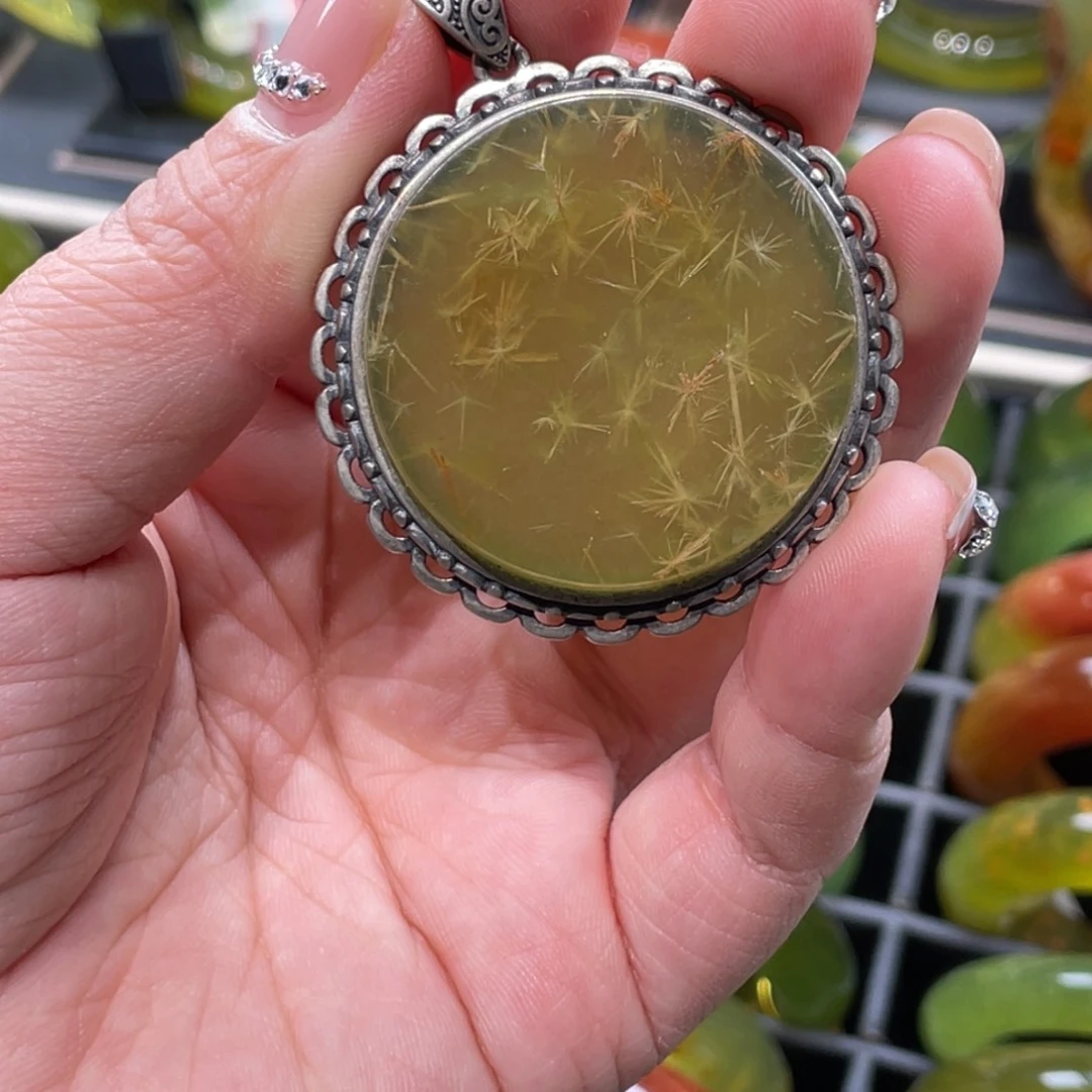 蛇纹石玉颈饰银S925镶嵌