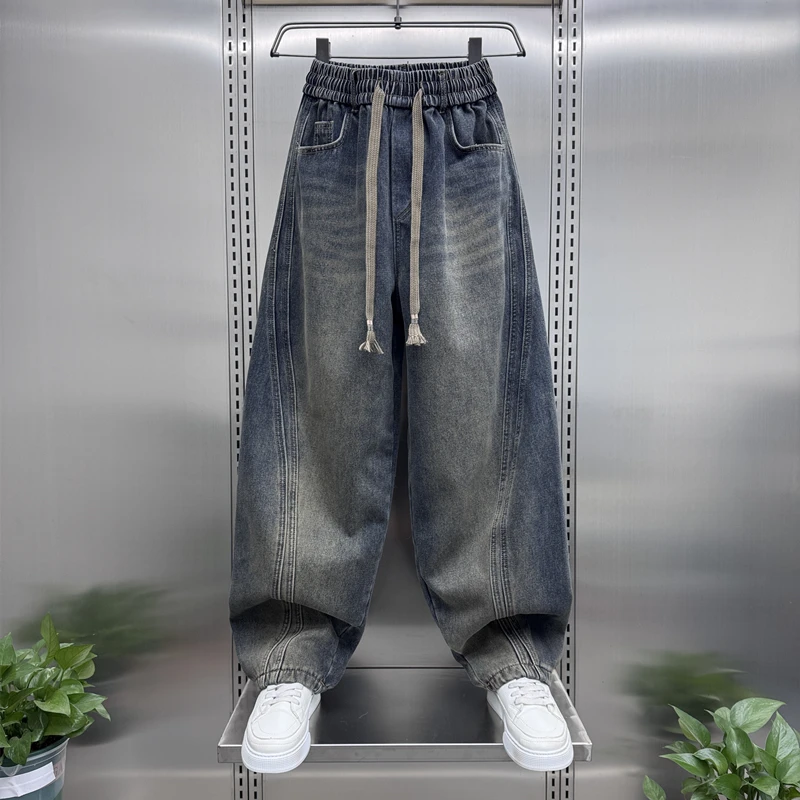 秋冬季加绒保暖阔腿牛仔裤男士宽松韩版老爹裤美式休闲复古弯刀裤