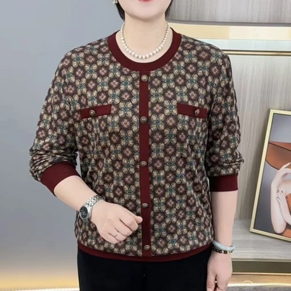 秋季新款时尚圆领洋气印花气质妈妈装休闲百搭减龄长袖上衣H6610