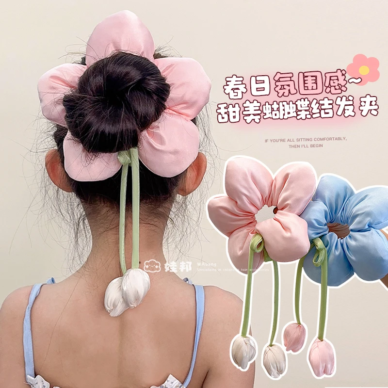 儿童花朵肠圈女孩郁金香后脑勺头绳丸子马尾女童公主皮筋发绳发饰