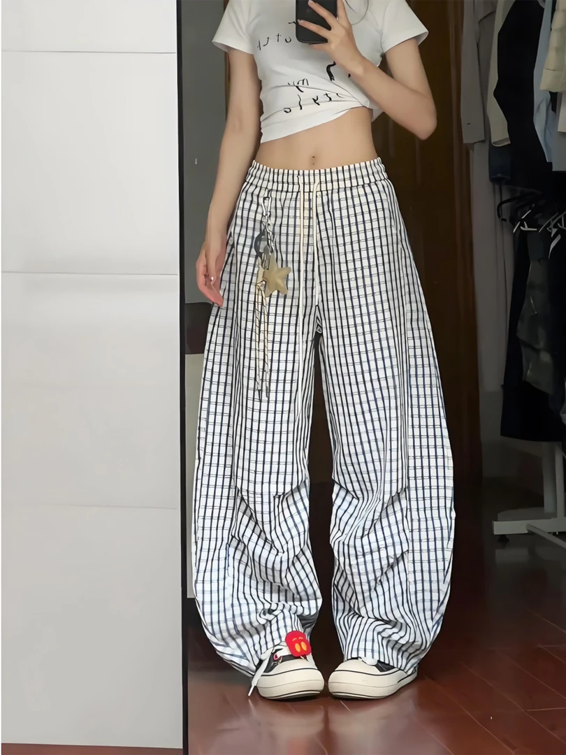 星星挂饰格子裤子女夏薄款美式垂感弯刀阔腿裤宽松bf慵懒风拖地裤