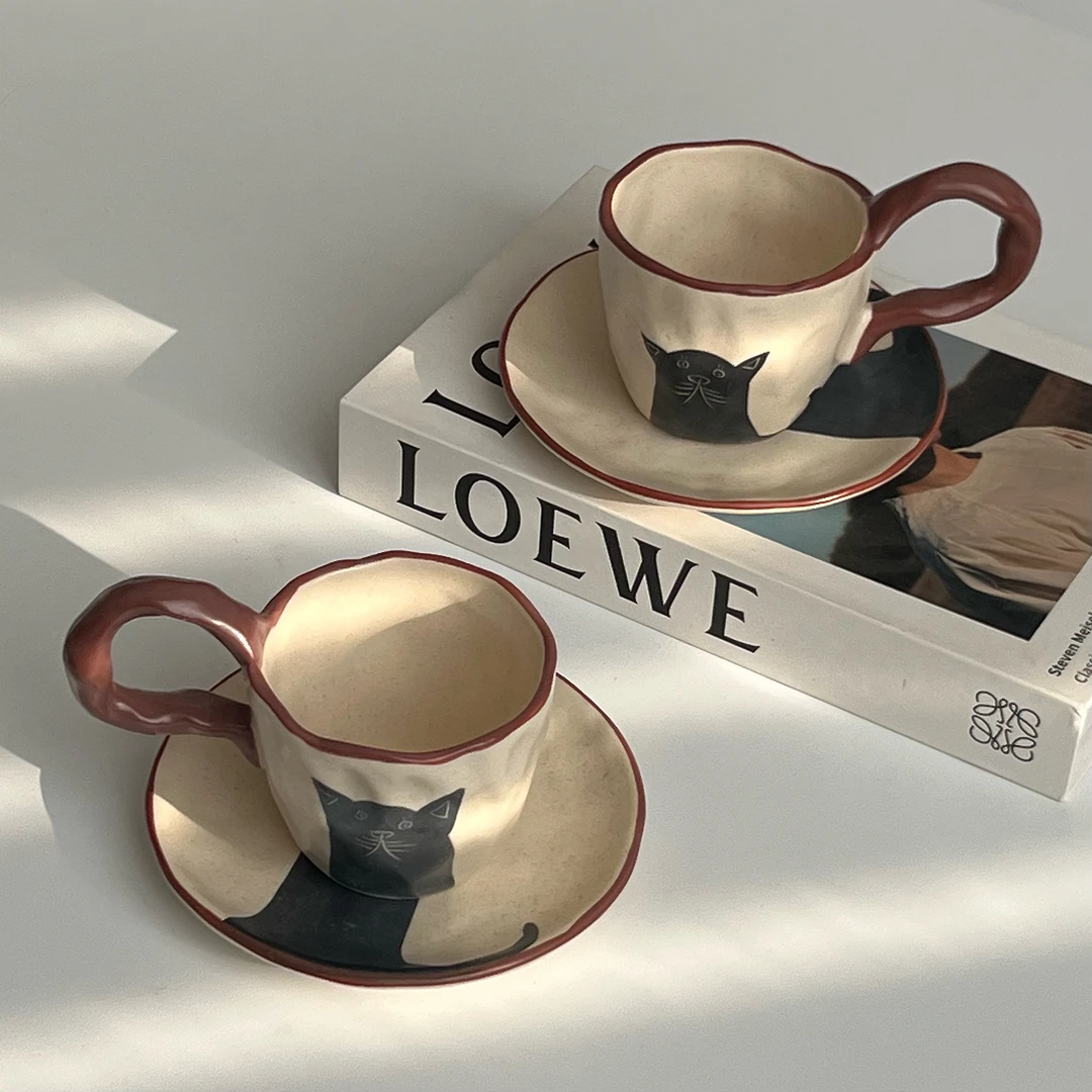 【胖猫咪】复古手作褐边咖啡杯釉下彩陶瓷杯碟下午茶水杯小众礼物