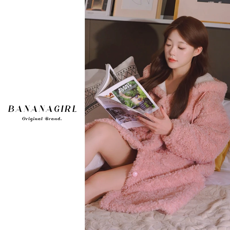 Bananagirl【粉桃乌龙】睡衣女秋冬连帽睡袍循环蓄温速暖家居服外穿